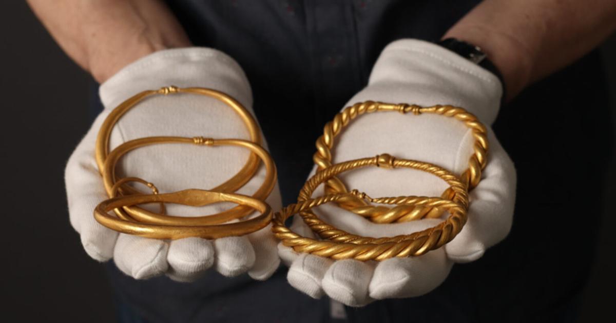 The six gold rings that make up the Rold Viking hoard found in Denmark