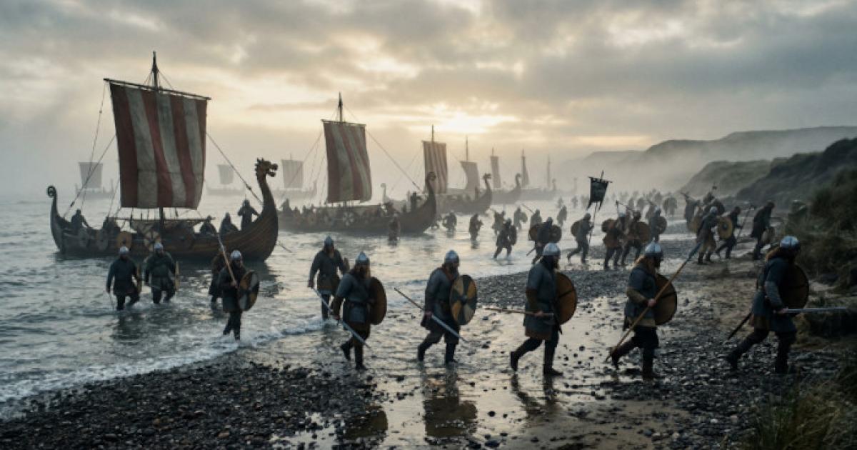 Cinematic style impression of The Great Heathen Army landing on the shores of Anglo-Saxon Britain