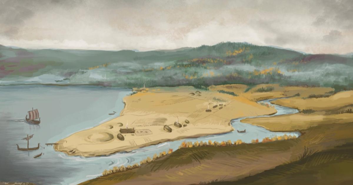 Illustration of how the burial mound and the surrounding farms may have looked in the 10th century. 