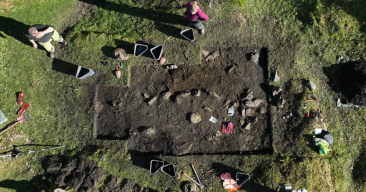 Aerial view of one of the Viking Age burials at Skumsnes, Fitjar, Norway.