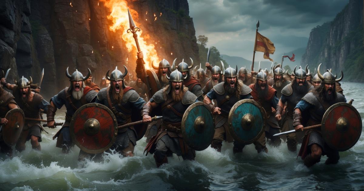 A group of marauding Vikings coming ashore.