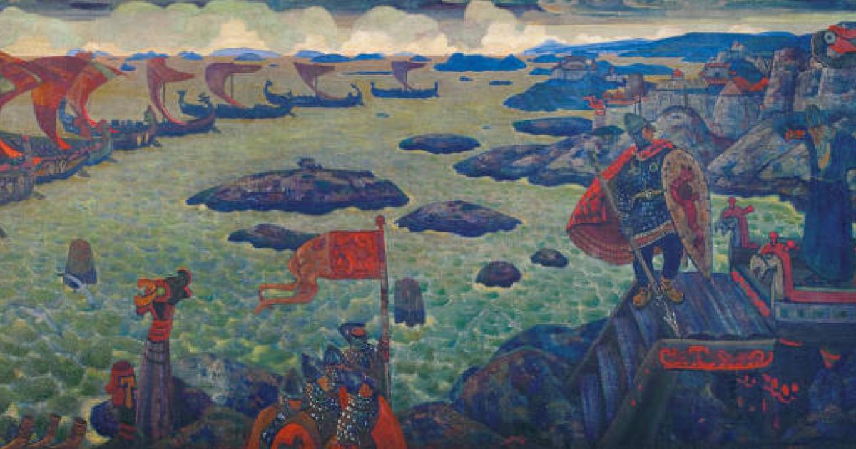 Ready for the Campaign (The Varangian Sea) (1910), by Nicholas Roerich, depicts Viking-era Scandinavian traders on the banks of the Dnieper River in eastern Europe.	