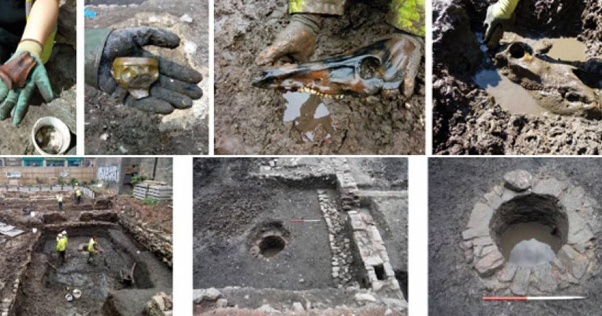 A selection of site features and artifacts found during the archaeological dig in Edinburgh, Scotland prior to a Virgin Hotel construction project
