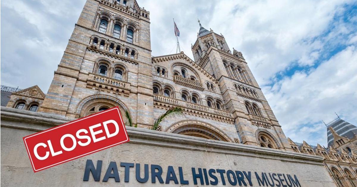 Amid coronavirus lockdowns and closures, you can spend your extra time in one of the virtual museums worldwide. (Main: Natural History Museum in London entrance. Inset: Closed sign.) Source: kmiragaya & Julistock / Adobe stock