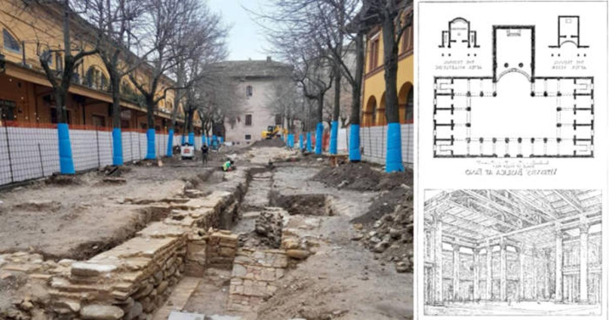 Left; the remains of Vitruvius' basilica.  Right; Historic diagram showing the basilica