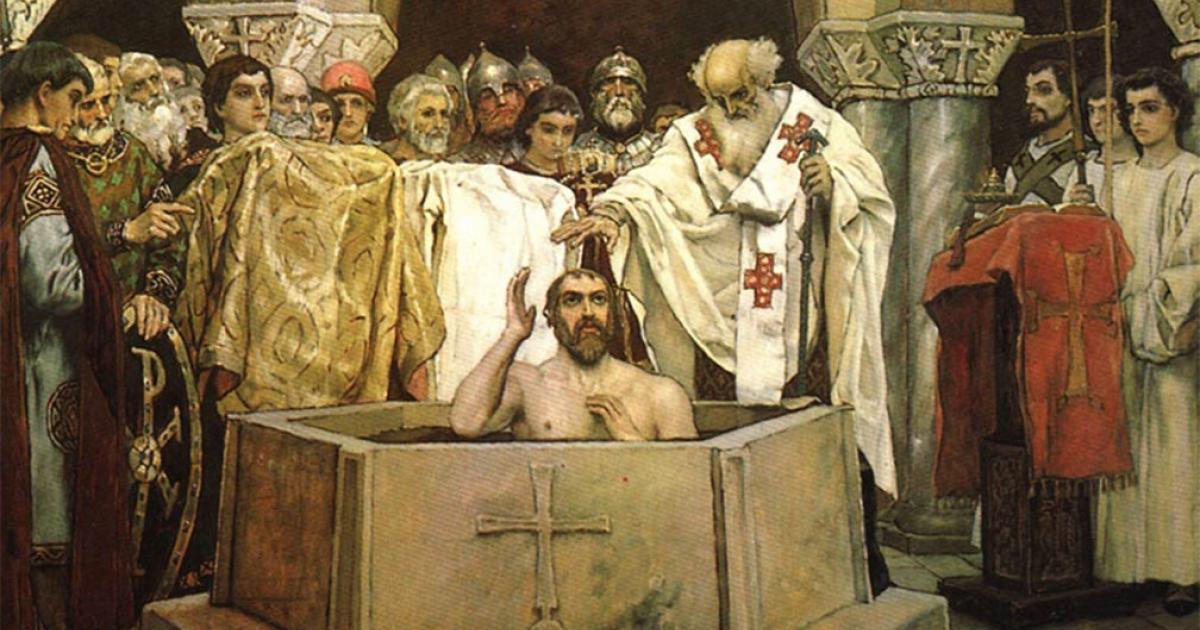 Vladimir the Great, known as Volodymyr in the Ukraine, or even Saint Vladimir, seen here during his baptism, has gone down in history as the leader which brought Christianity to the pagan Slavs. Source: Public domain