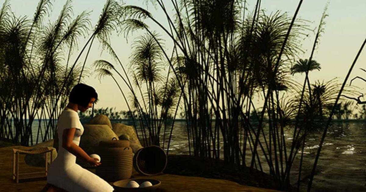 Artist’s depiction of an Ancient Egyptian girl kneeling by the Nile River. 