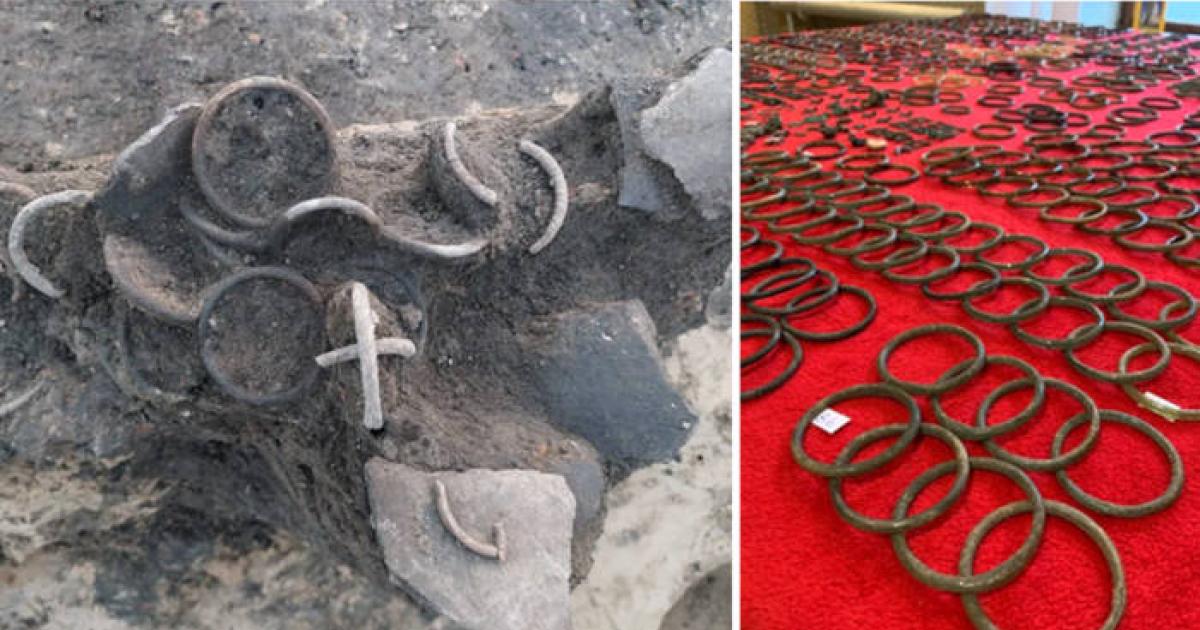 Rings in situ at the find site, and the collection after cleaning.