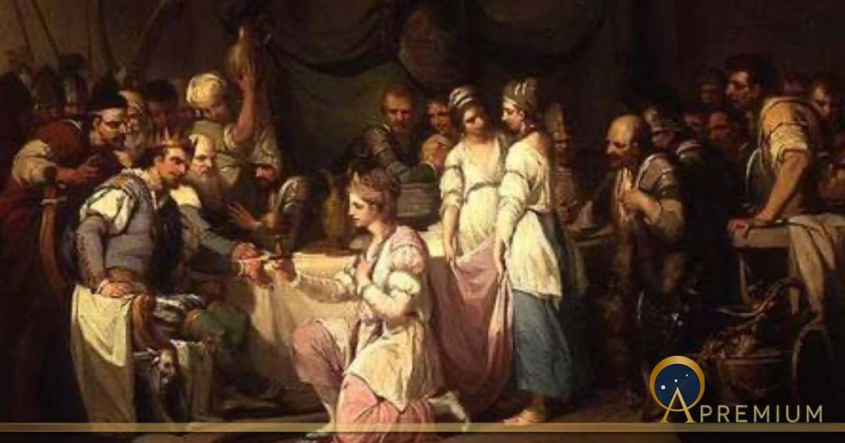 The First Meeting of Vortigern and Rowena/ Renwein painted by William Hamilton (Public Domain)