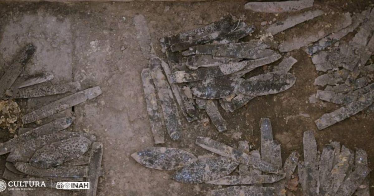 Votive offering of obsidian knives discovered at Tlatelolco site, Mexico City. 