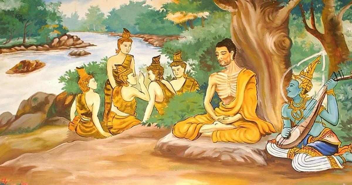 Wallpainting in a Laotian temple, depicting the Bodhisattva Gautama (Buddha-to-be) undertaking extreme ascetic practices before his enlightenment. A god is overseeing his striving, and providing some spiritual protection. The five monks in the background are his future 'five first disciples'.