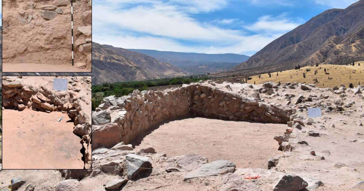 Excavation of d-shaped Wari temple at Pakaytambo, near Arequipa, Peru. Top insert:Pplastered interior wall. Bottom insert: Abandonment feature on structure floor.	Source: Reid, D. / Journal of Anthropological Archaeology