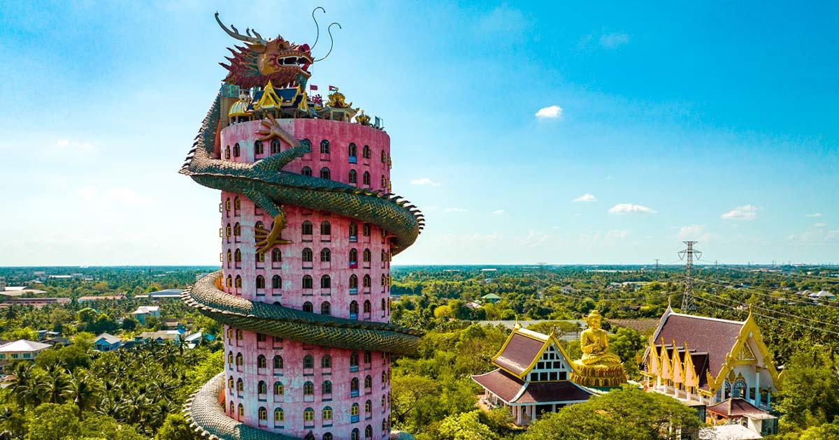 Aerial view of Wat Sam Phran the Dragon temple in Nakhon Pathom, Thailand. Source: pierrick / Adobe Stock.