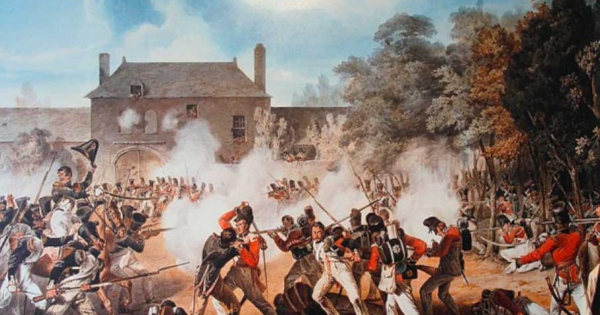 Battle of Waterloo soldiers fighting at the Hougoumont Chateau as portrayed in a watercolor by Denis Dighton. Source: Public Domain