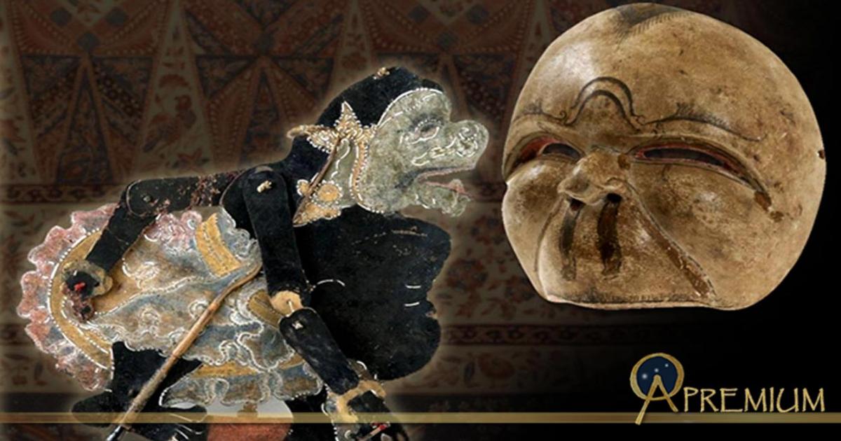 Deriv; Wayang kulit figure, representing Semar (CC BY-SA 3.0) and Mask of Semar for traditional Javanese theater performance (CC BY-SA 3.0), and sarong from Java, c. 1880.