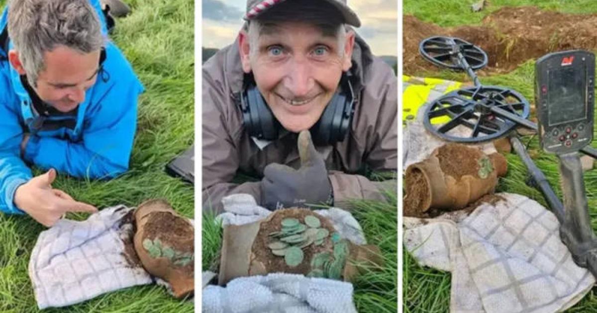 Various shots of the finders with the Roman coin hoard found in Wales.