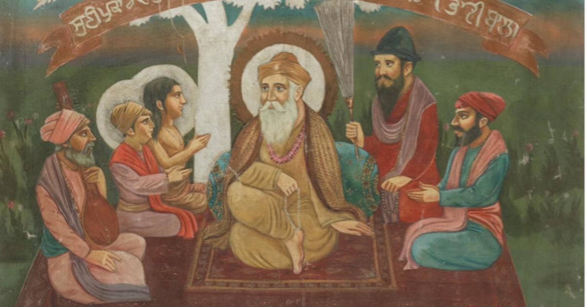 Painting of Guru Nanak seated beneath a tree with his two sons (Sri Chand and Lakhmi Das), Bhai Mardana, Bhai Bala, and possibly Bhai Lehna (future Guru Angad). 