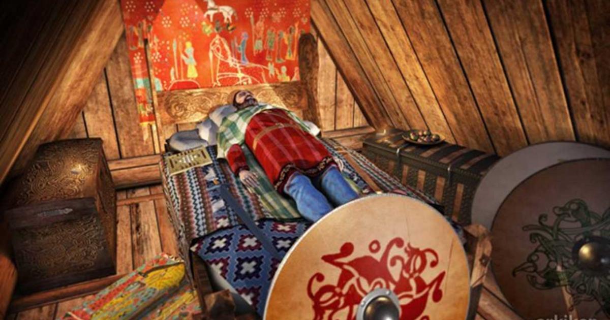 Reconstruction of the Myklebust Viking ship burial chamber c. year 870 AD, Norway, probably containing King Audbjorn of the Fjords. The king’s head is resting on pillows filled with bird feathers.