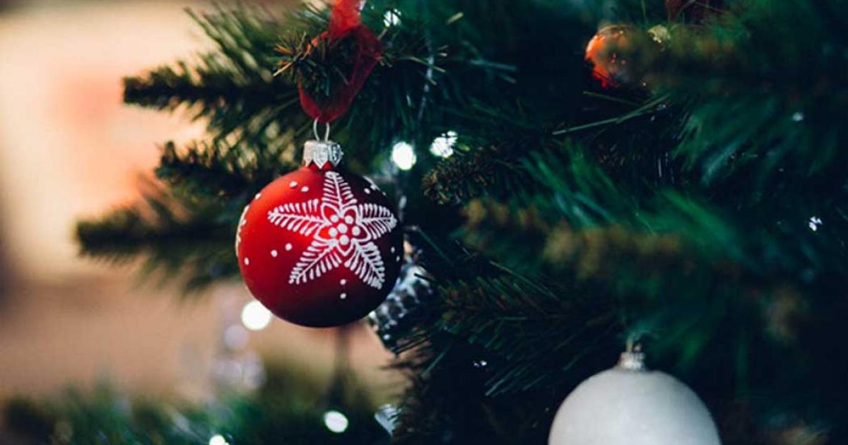 Detail of decorations on a Christmas tree.