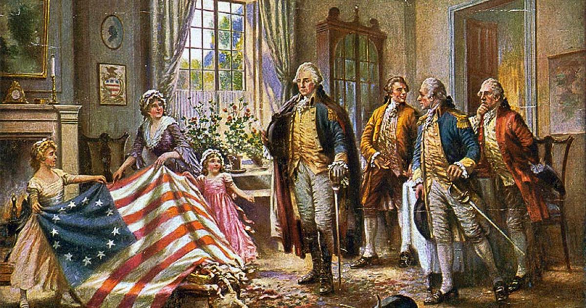 A typical portrayal of women in America society after the Revolution: Betsy Ross and two children presenting the "Betsy Ross flag" to George Washington and three other men. Source: Edward Percy Moran / Public domain
