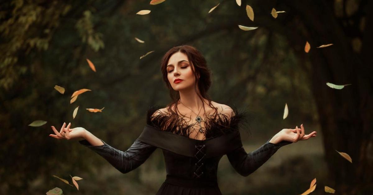  Women shaman of Ireland in trance - magic rotates the leaves.