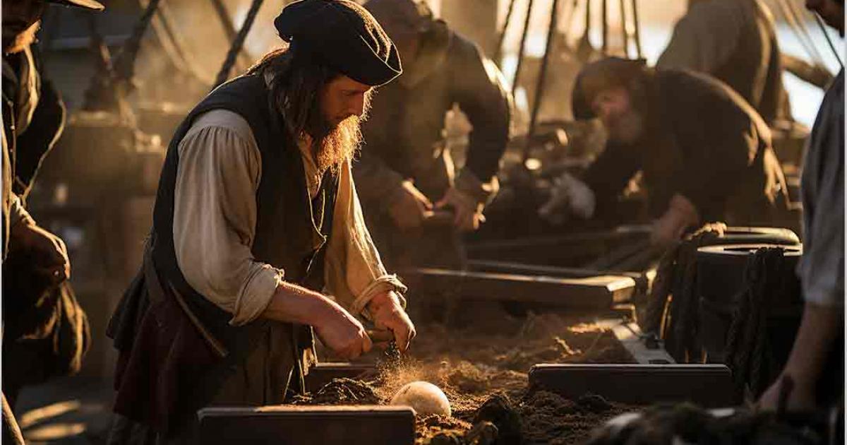 Pirate crew members diligently swab the deck, maintaining the condition of their ship while sailing across the ocean. Source: Davivd/Adobe Stock
