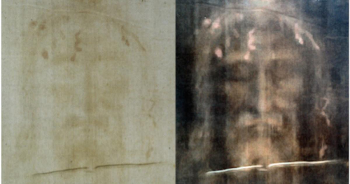 The Shroud of Turin: modern, digitally processed image of the face on the cloth. 