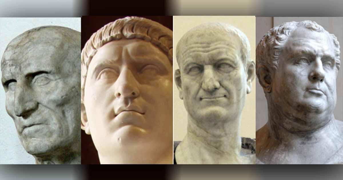 From left to right - Galba, Otho, Vespasian, and Vitellius 	Source: Wolfgang Sauber/CC BY-SA 3.0, Fred Romero from Paris, France, CC BY 2.0), Sailko/CC BY 3.0, Louvre Museum/CC BY 2.5