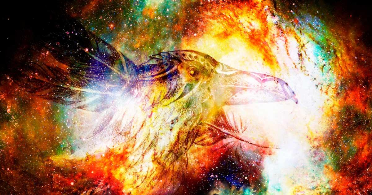 Odin and his brothers defeated Ymir in Norse mythology, and used his body to create Midgard. Odin’s symbol, a raven, seen superimposed on a cosmic background.	Source: jozefklopacka / Adobe Stock