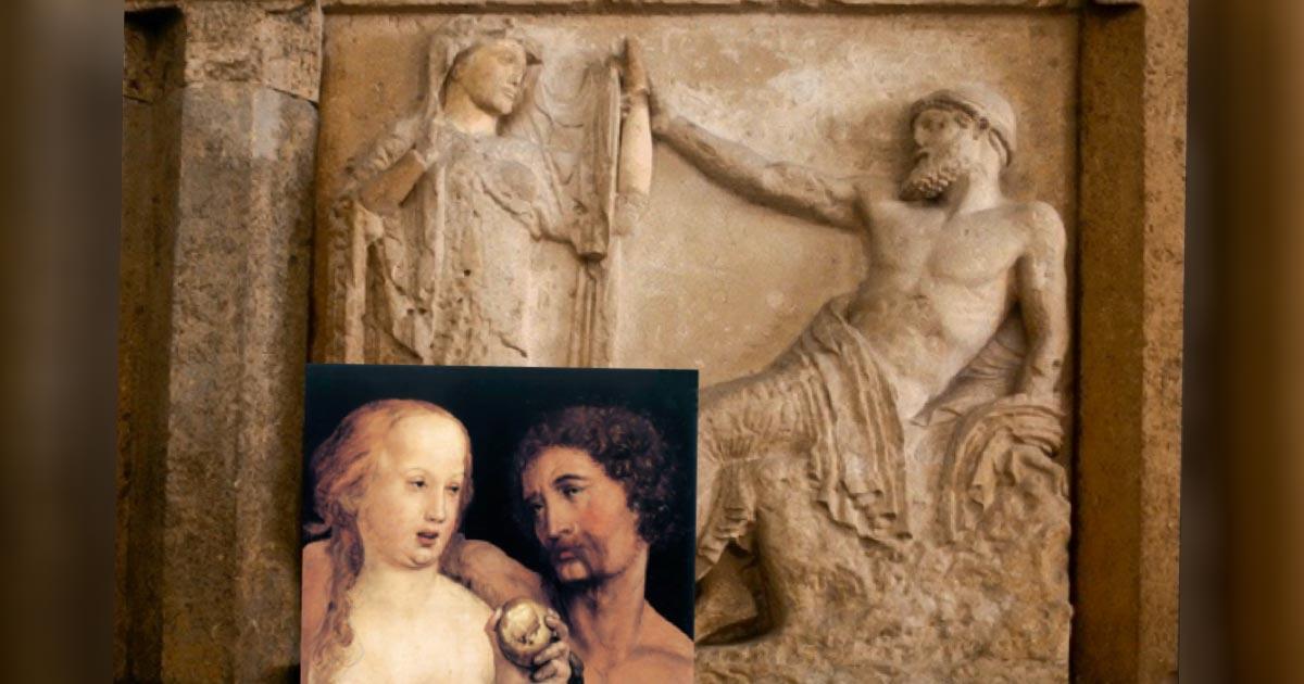 A seated Zeus reaches out for the hand of Hera on the temple of Hera at Selinus, c. 530 BC. Inset: Adam and Eve, oil and paper, Hans Holbein the Younger, 1517. (Public Domain)