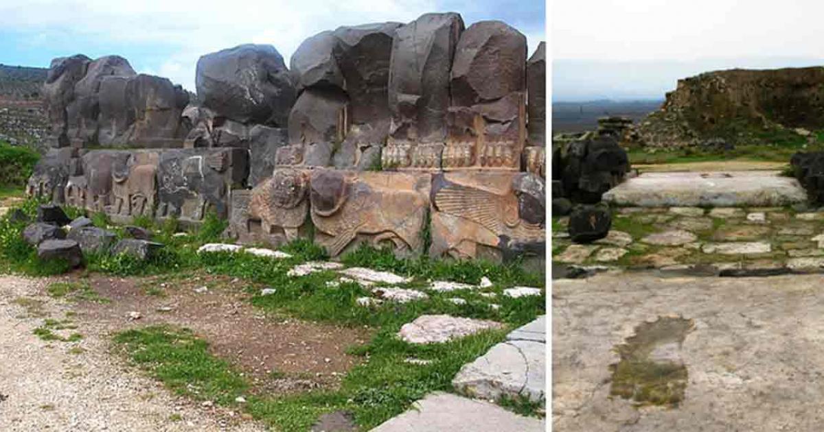 Reconstructed wall of Ain Dara Temple with cherubim relief in lower panel. Right, Giant or godly footprints at the gate. 	Source: Odilia/CC BY-SA 3.0, Right; homocosmicos/Adobe Stock