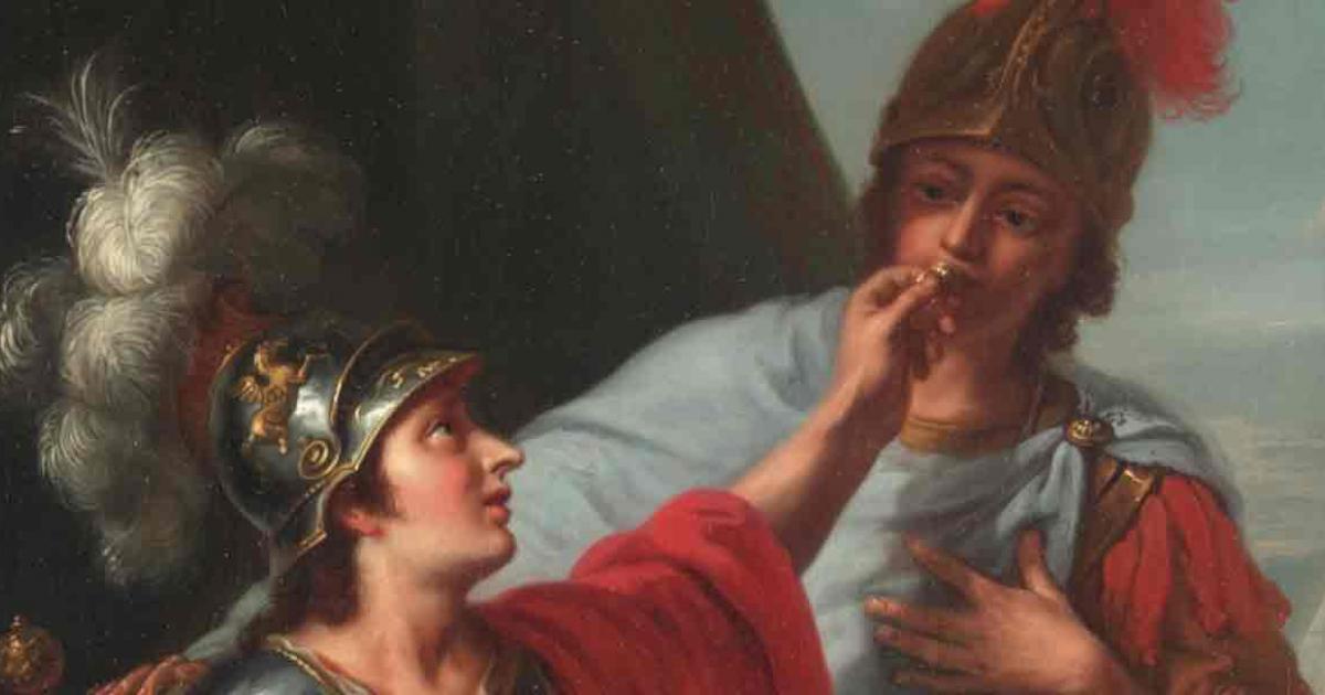 Alexander Putting his Seal Ring over Hephaestion's Lips, by Johann Heinrich Tischbein, 1781	Source: Public Domain