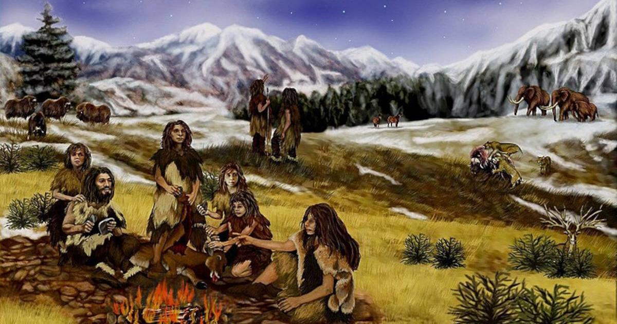 Group of ancient hominins occupying a prehistoric landscape.