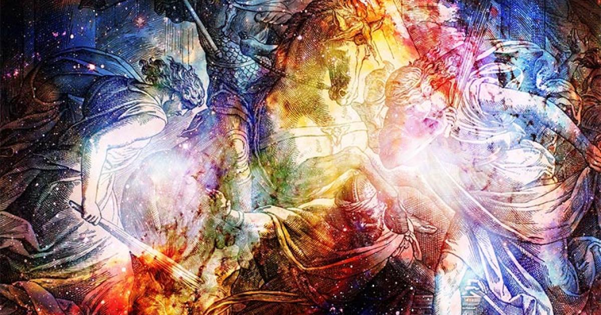 Stories of wizard and demon battles have been found in ancient Christian texts. Ere, Helidor fights on a horse in collage from engraving of Nazareene School, published in The Holy Bible, St.Vojtech Publishing, Trnava, Slovakia, 1937. 	Source: fluenta