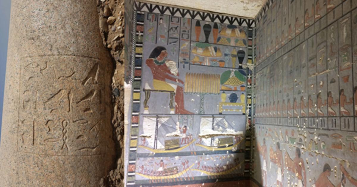 Left: The inscription on the column lists the titles of Djedkare’s wife, queen Setibhor. (Hana Vymazalová) Right: North and east walls of the decorated antechamber of the ancient Egyptian nobleman’s tomb.