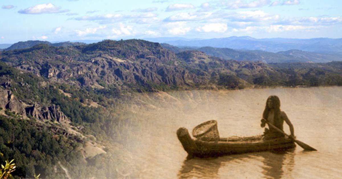 Deriv; Dramatic view from Mount Saint Helena, California (CC BY-SA 4.0), and photo of a Pomo native in a tule boat, circa 1924.