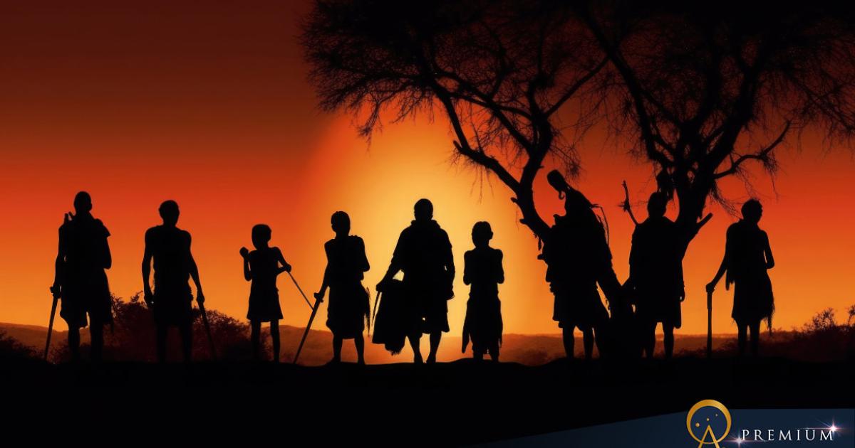 Silhouettes of African aborigines at sunset.