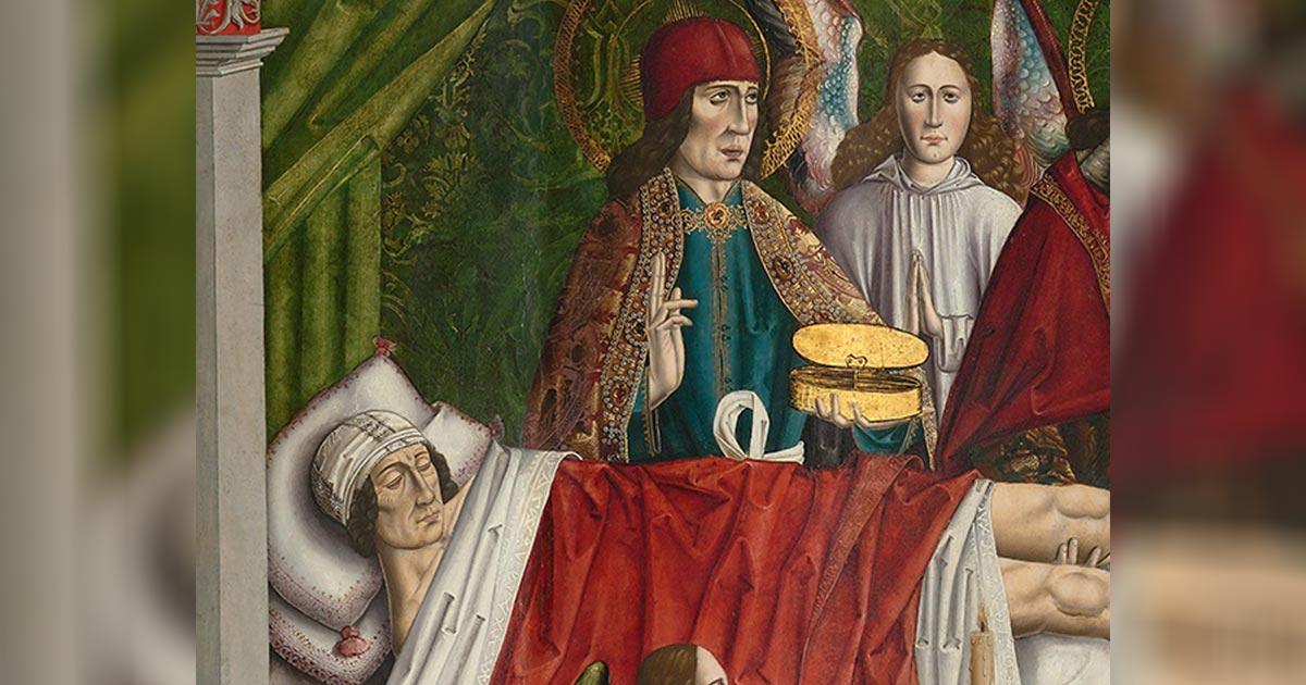 Detail of “A verger's dream: Saints Cosmas and Damian performing a miraculous cure by transplantation of a leg.’ Master of Los Balbases, ca. 1495. Source: Public Domain