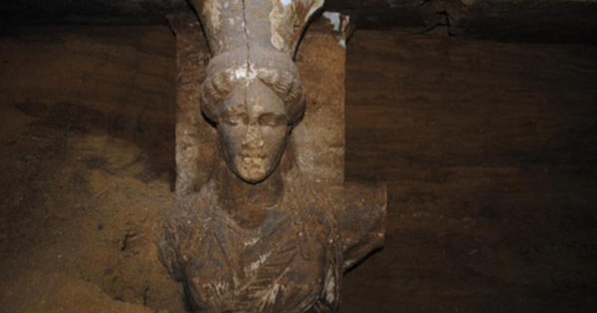 Two ancient caryatids guarding tomb at Amphipolis 