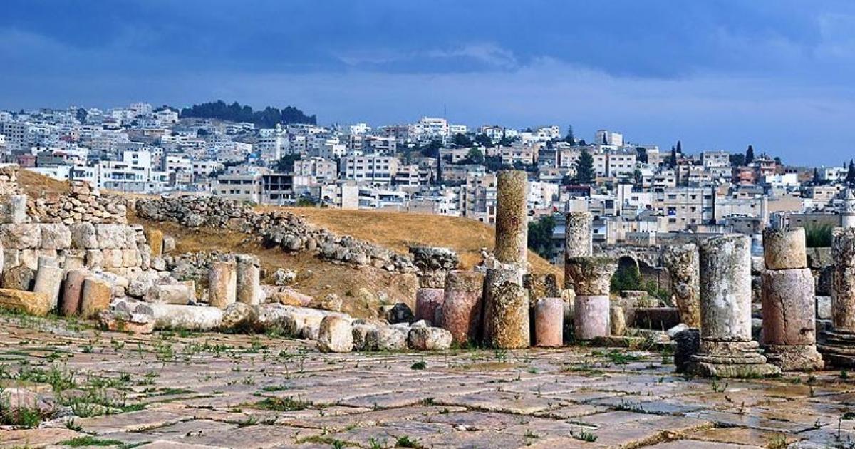 The ancient city of Gerasa with the modern city in the background.