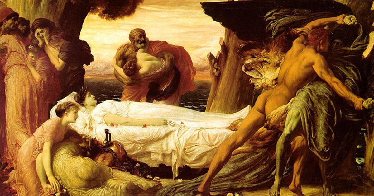 ‘Hercules Fighting Death to Save Alcestis’ (1869-1871) by Frederic Leighton, 1st Baron Leighton. Many ancient death rituals seem very odd or macabre to modern minds.