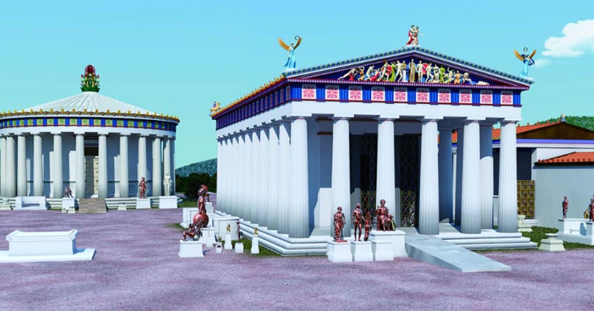 Reconstruction of the 4th century BC Temple of Asklepios at Epidauros (right) showing the ramp	Source: © 2019 J. Goodinson, scientific advisor, J Svolos. Antiquity Publishers Ltd