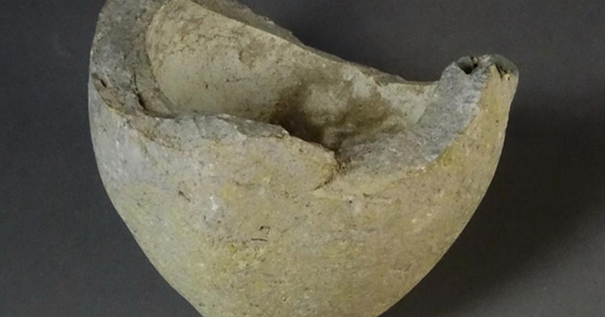 A fragment of the sphero-conical vessel that was identified as containing a possibly explosive material to make an ancient hand grenade.	Source: Robert Mason, Royal Ontario Museum. Griffith University