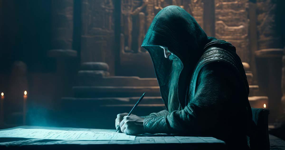 A hooded scribe working on an ancient manuscript.  Source: UniverseInside / Adobe Stock