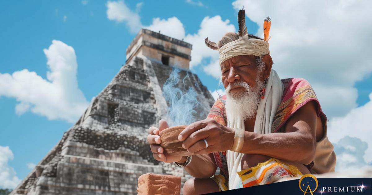 AI image of a South American man preparing for a traditional ceremony at an Aztec pyramid.