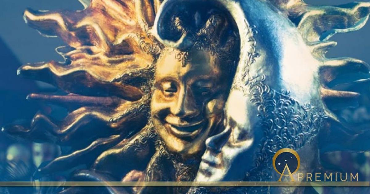 Venetian Carnival Mask of Golden Sun and Silver Moon by allasimacheva. (Adobe Stock)