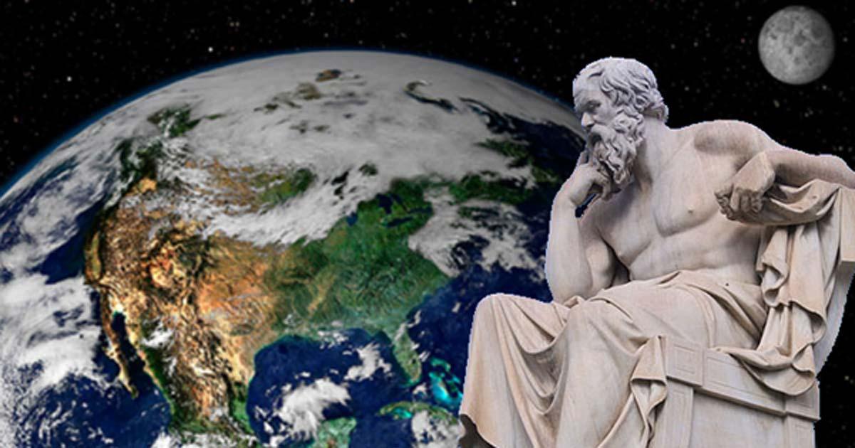 The Statue of Socrates at the Academy of Athens. Work of Leonidas Drosis (d. 1880). (C messier/CC BY SA 4.0) Background: This NASA image shows Earth from space. The image is a combination of data from two satellites.
