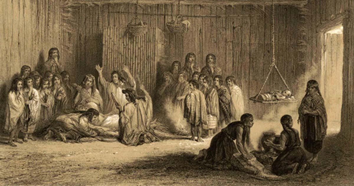 Illustration of a machi healing a patient, from ‘Atlas of Physical and Political History of Chile’ (‘Atlas de la historia física y política de Chile’), by Claudio Gay. A machi is a Chilean traditional healer. Since ancient times, tobacco has been a popular substance used in shamanic practices in Chile.