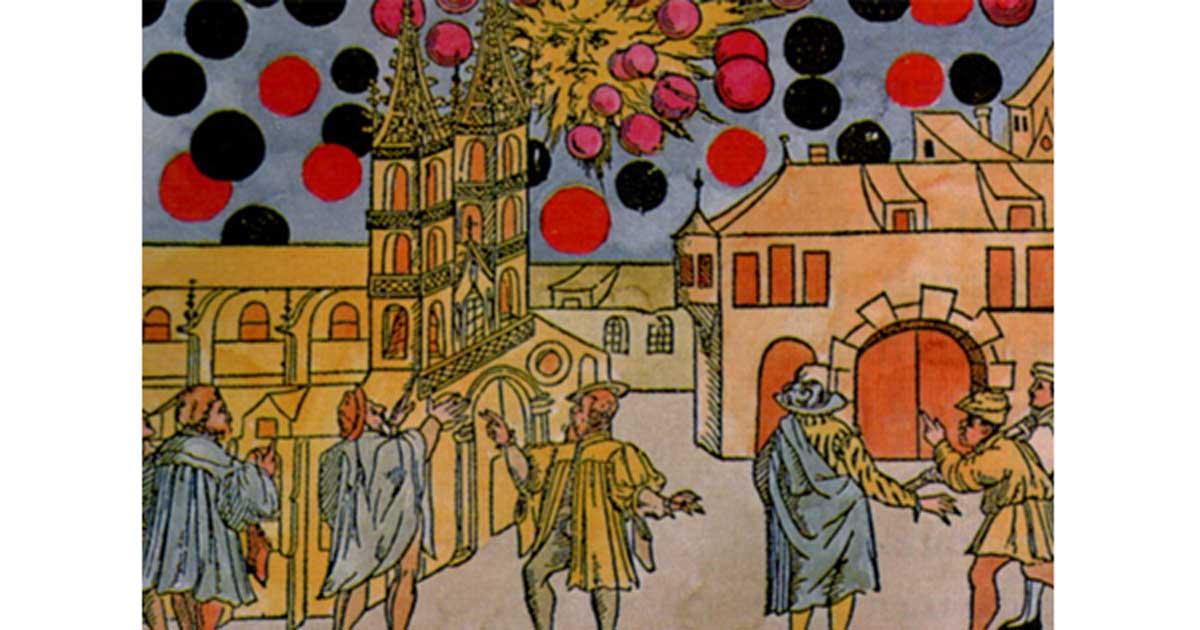 Hand-colored woodprint by Samuel Coccius, Basle Switzerland 1566. August 7th many black globes moved before the sun at great speed and seemed to be fighting. Was this an ancient UFO sighting or celestial event?