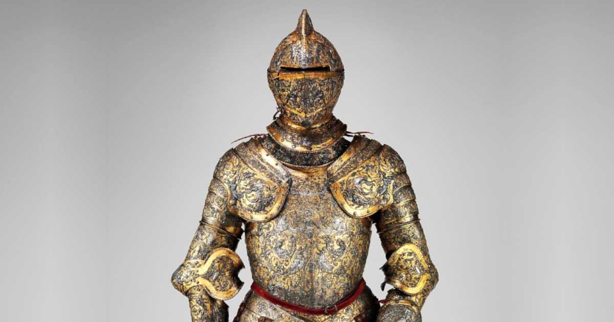 The armor of Henry II, King of France, ca. 1555 AD. This is one of the most elaborate and complete French parade armors. The surfaces are covered by dense foliate scrolls inhabited by human figures and a variety of creatures that derive from the Italian. Weight: 53 lb. 4 oz. (24.20 kg). Source: The Metropolitan Museum of Art, Public Domain.